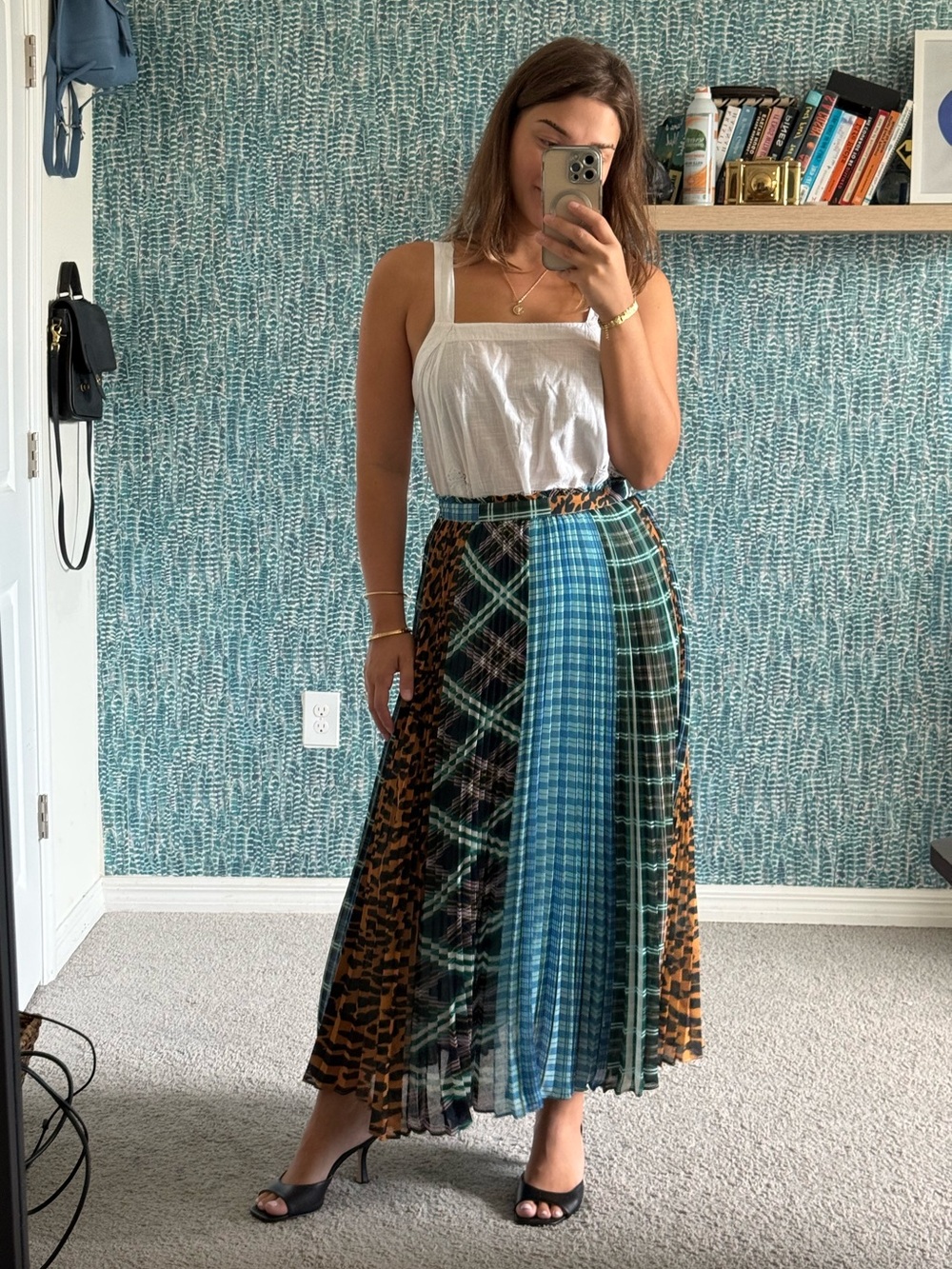 Maeve Anthropologie Patchwork Midi Skirt in Green & Brown Plaid